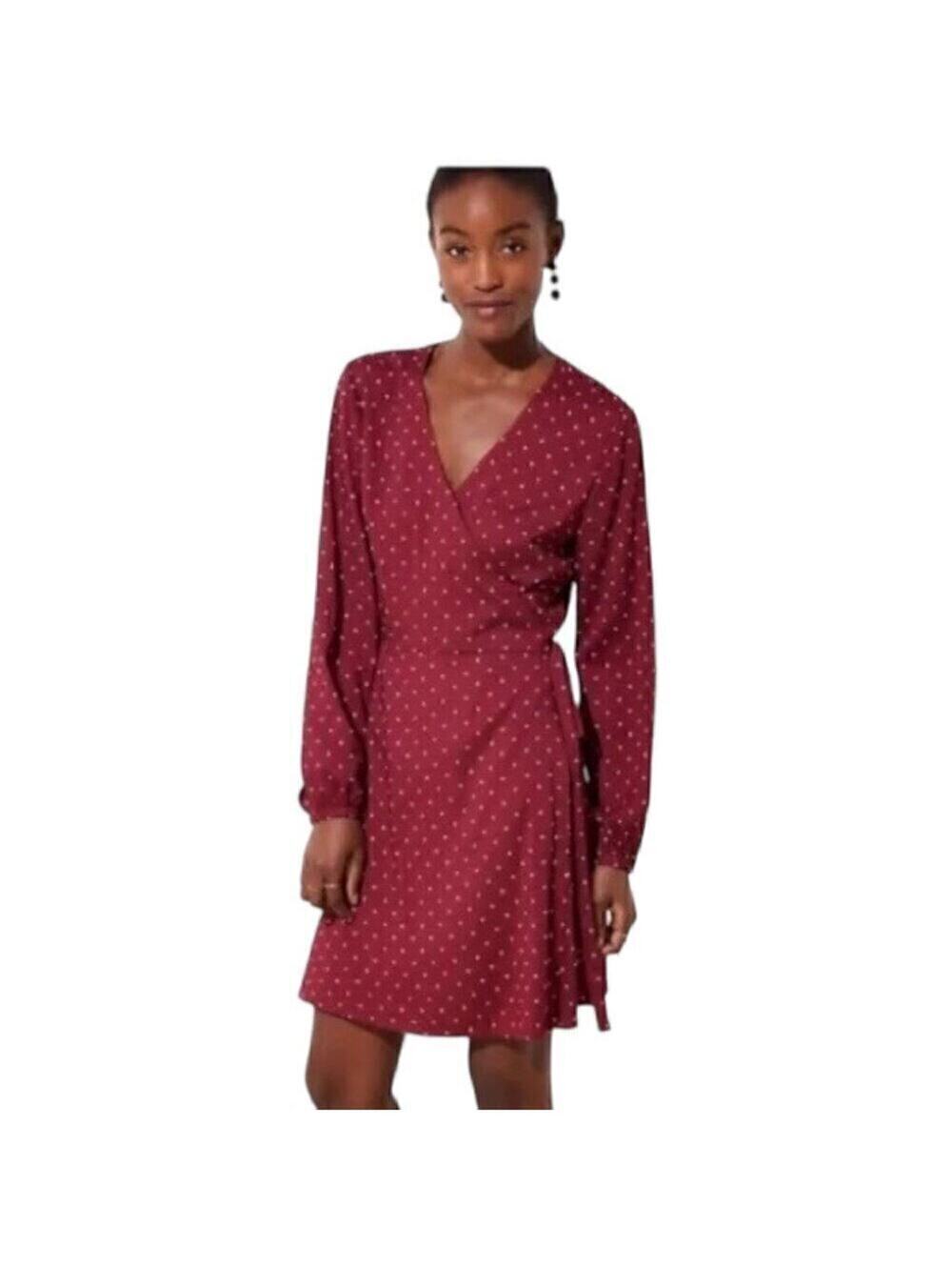 Loft Burgundy Star Print Long Sleeve Tie Waist Wrap Dress Size 2